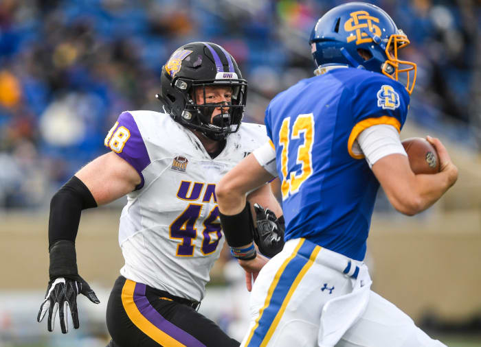 Northern Iowa's Chris Kolarevic (48) runs after SDSU's Keaton Heide (13) during a Missouri Valley Football Conference game on Saturday, Nov. 16, 2019, at Dana J. Dykhouse Stadium in Brookings, S.D.
